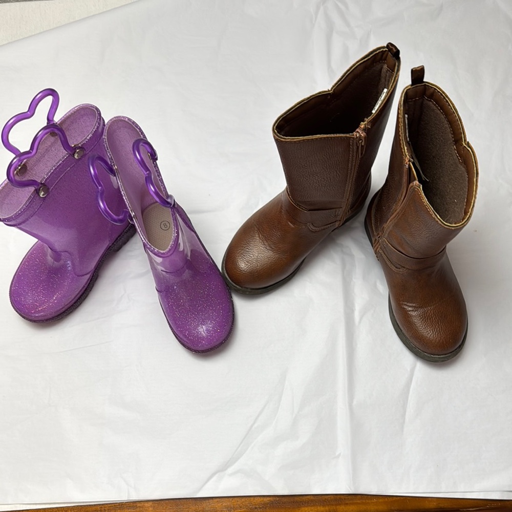 Purple Glitter Rain Boots and Brown Leather Boots